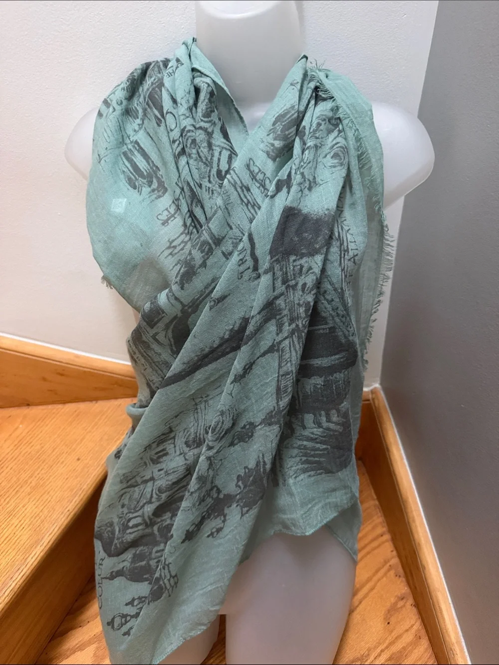 Vintage Paris Landmark Print Wrap Scarf Sage Green Grey Eiffel Tower